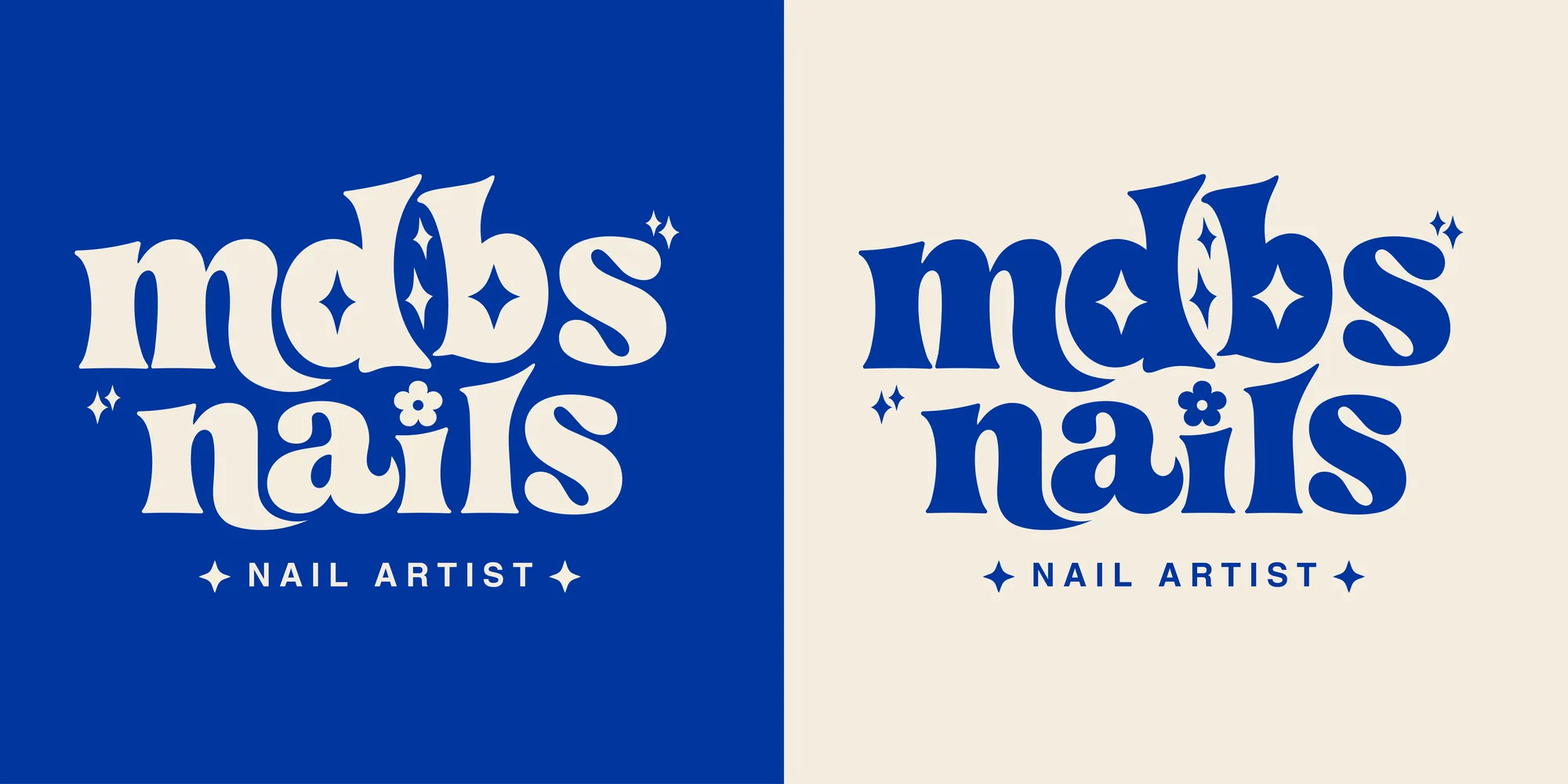 Logo MDBS Nails, lettrage rétro bleu profond, décliné sur fond bleu et sur fond crème